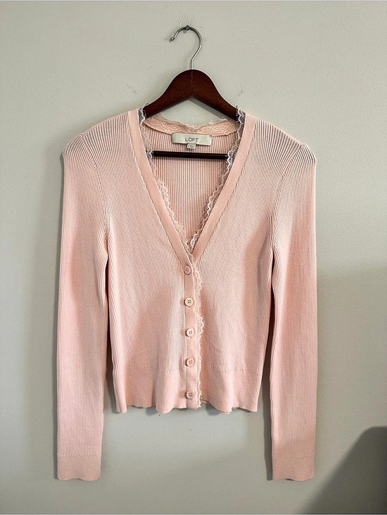 LOFT Sweaters - LOFT Lace Trim V-Neck Pink Ribbed Cardigan